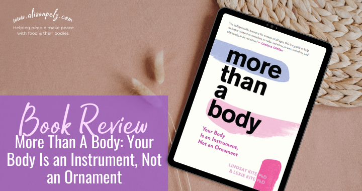 A graphic that reads "Book review: More than a body: Your body is an instrument not an ornament" in the bottom left corner, over a stock photo of a tablet on a peachy pink background showing the cover for More Than A Body.