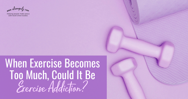 A graphic that reads "When Exercise Becomes Too Much, Could It Be Exercise Addiction?" in white text on a dark purple background in the bottom left corner. Behind the text is a stock photo of purple dumbbells and a purple yoga mat on a purple background.