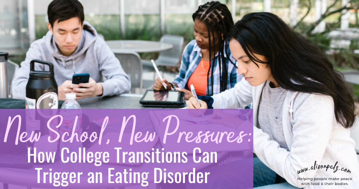 College students studying together on campus, highlighting the pressures of a new school environment and college transition, in a blog graphic by Alison Pelz.