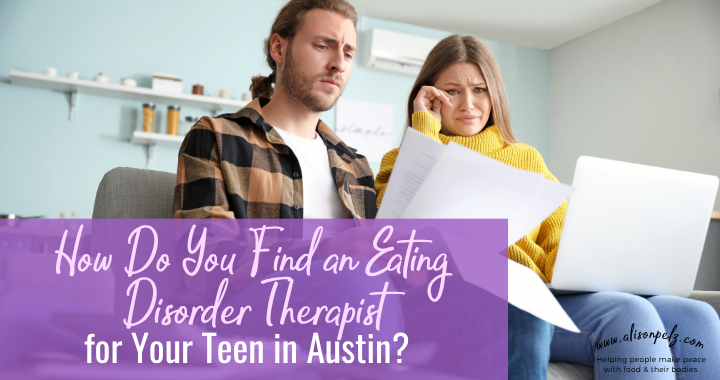 Featured image of a concerned couple reviewing documents, with the title “How Do You Find an Eating Disorder Therapist for Your Teen in Austin?”